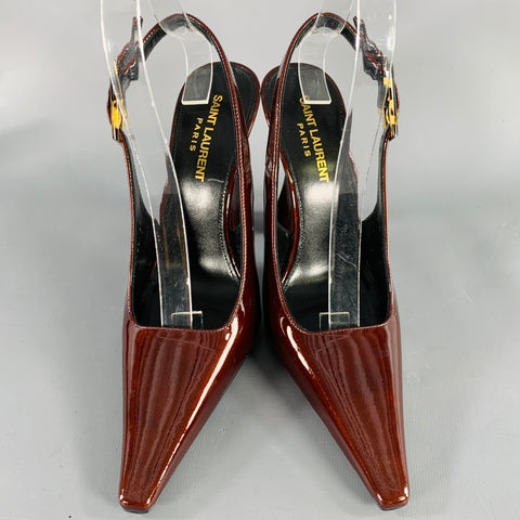 SAINT LAURENT Size 7 Dune Brown Patent Leather Slingback Pumps