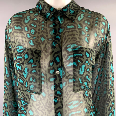 EQUIPMENT Size M Green Teal Silk Leopard Blouse