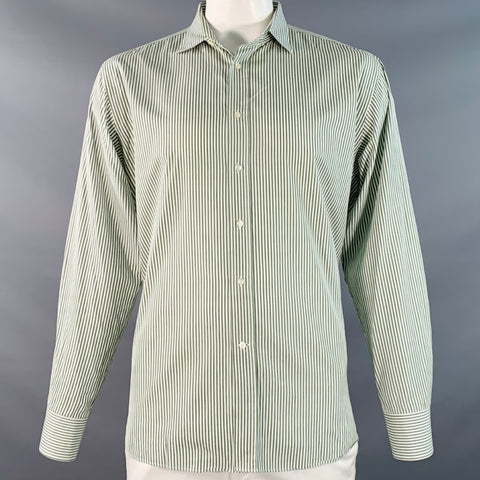 ETRO Size 45 Green White Stripe Cotton Curved Cutaway Long Sleeve Shirt
