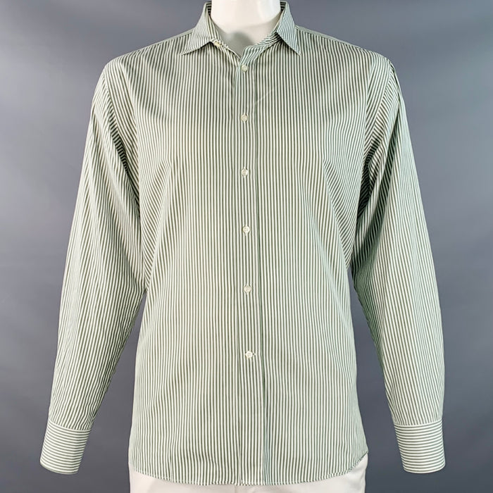 ETRO Size 45 Green White Stripe Cotton Curved Cutaway Long Sleeve Shirt