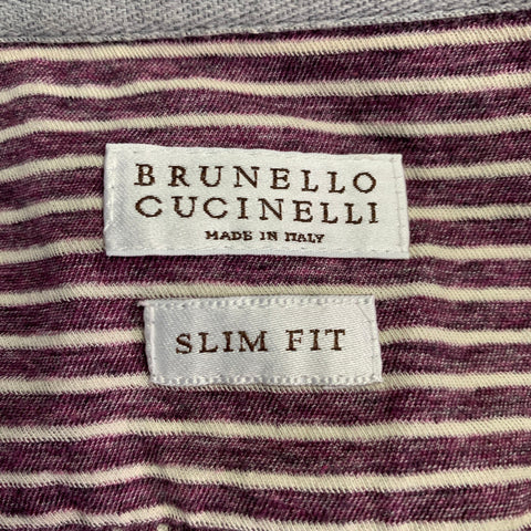 BRUNELLO CUCINELLI Size S Purple White Stripe Cotton Spread Collar Long Sleeve Shirt