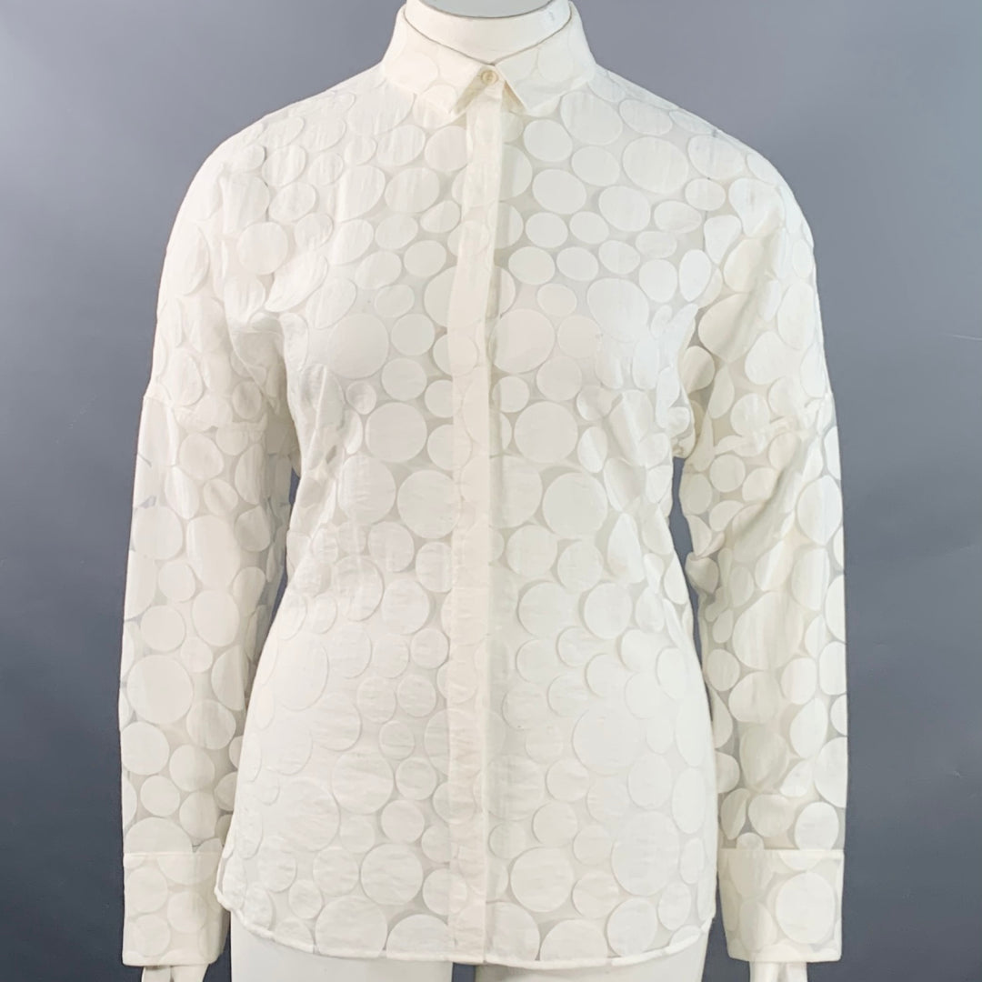 AKRIS Size 12 White Cotton Polka Dot Point Collar Button Up Shirt