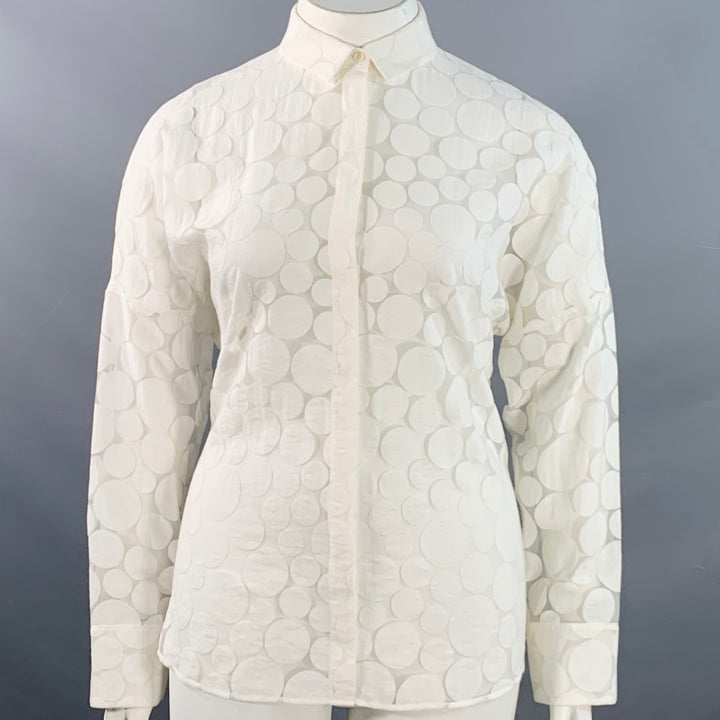 AKRIS Size 12 White Cotton Polka Dot Point Collar Button Up Shirt