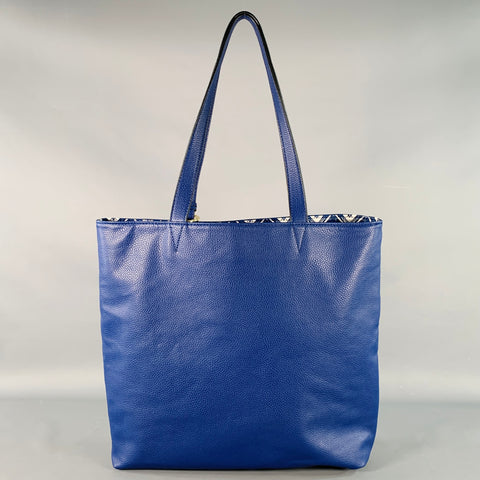 MARIO VALENTINO Blue White Reversible Chevron Pebble Grain Leather Tote Handbag