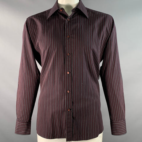 GUCCI Size XL Black Burgundy & White Stripe Cotton Long Sleeve Shirt
