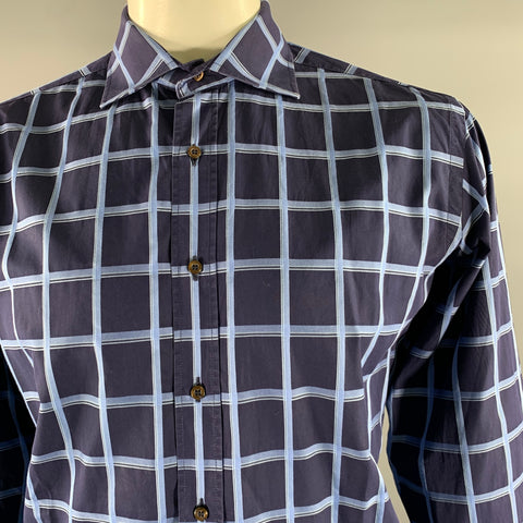 ETRO Size XL Navy Blue Plaid Cotton Spread Collar Long Sleeve Shirt
