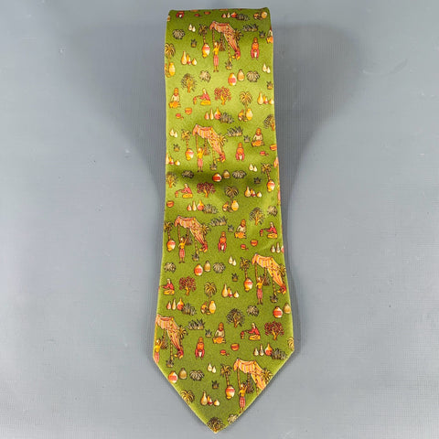 SALVATORE FERRAGAMO Green Red Figures Silk Tie