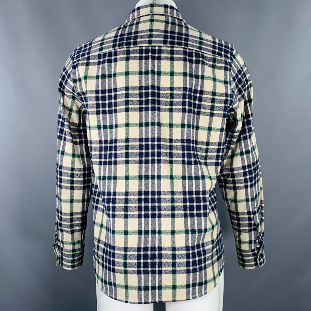 A.P.C. Size M Cream Navy Plaid Cotton Blend One Pocket Long Sleeve Shirt