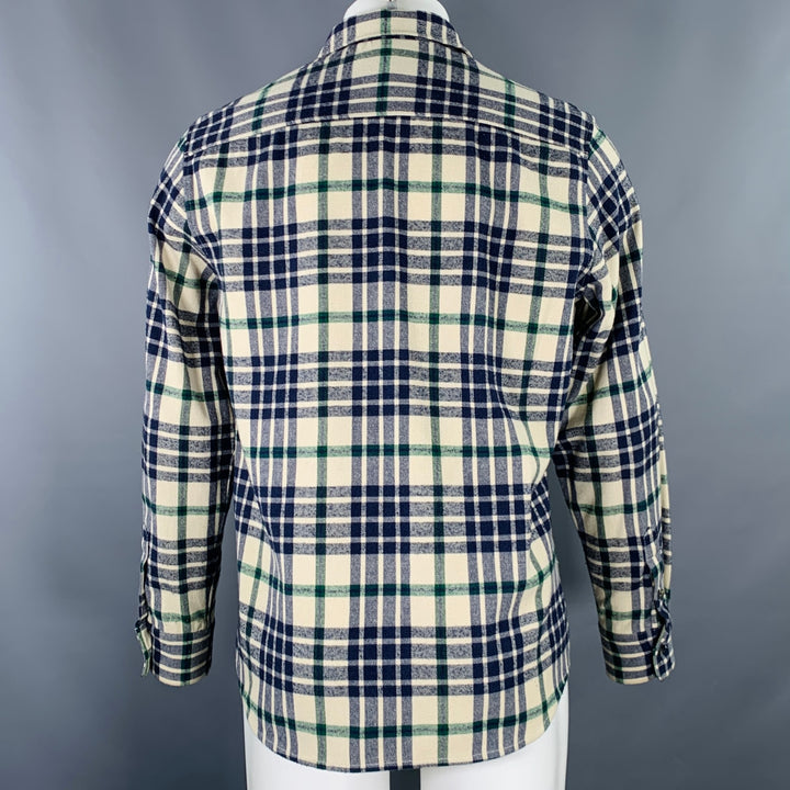 A.P.C. Size M Cream Navy Plaid Cotton Blend One Pocket Long Sleeve Shirt