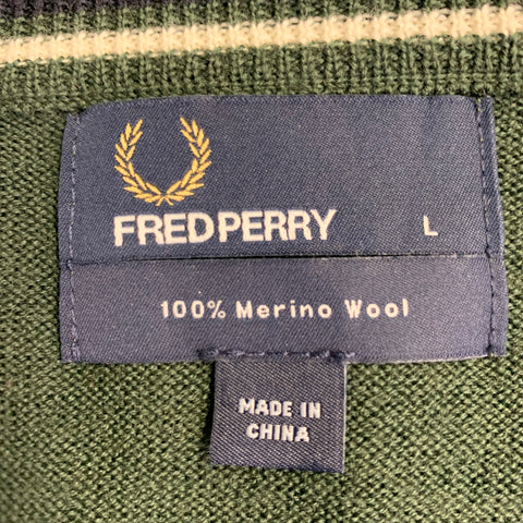 FRED PERRY Size L Green Knit Merino Wool V-Neck Pullover