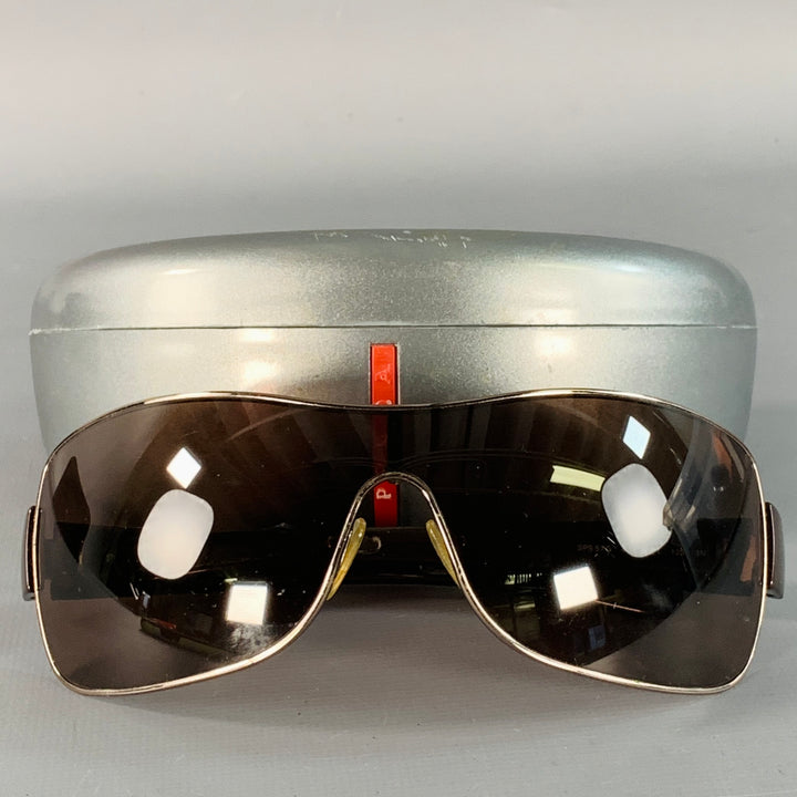 PRADA Brown Silver Acetate Shield Wrap Around Sunglasses