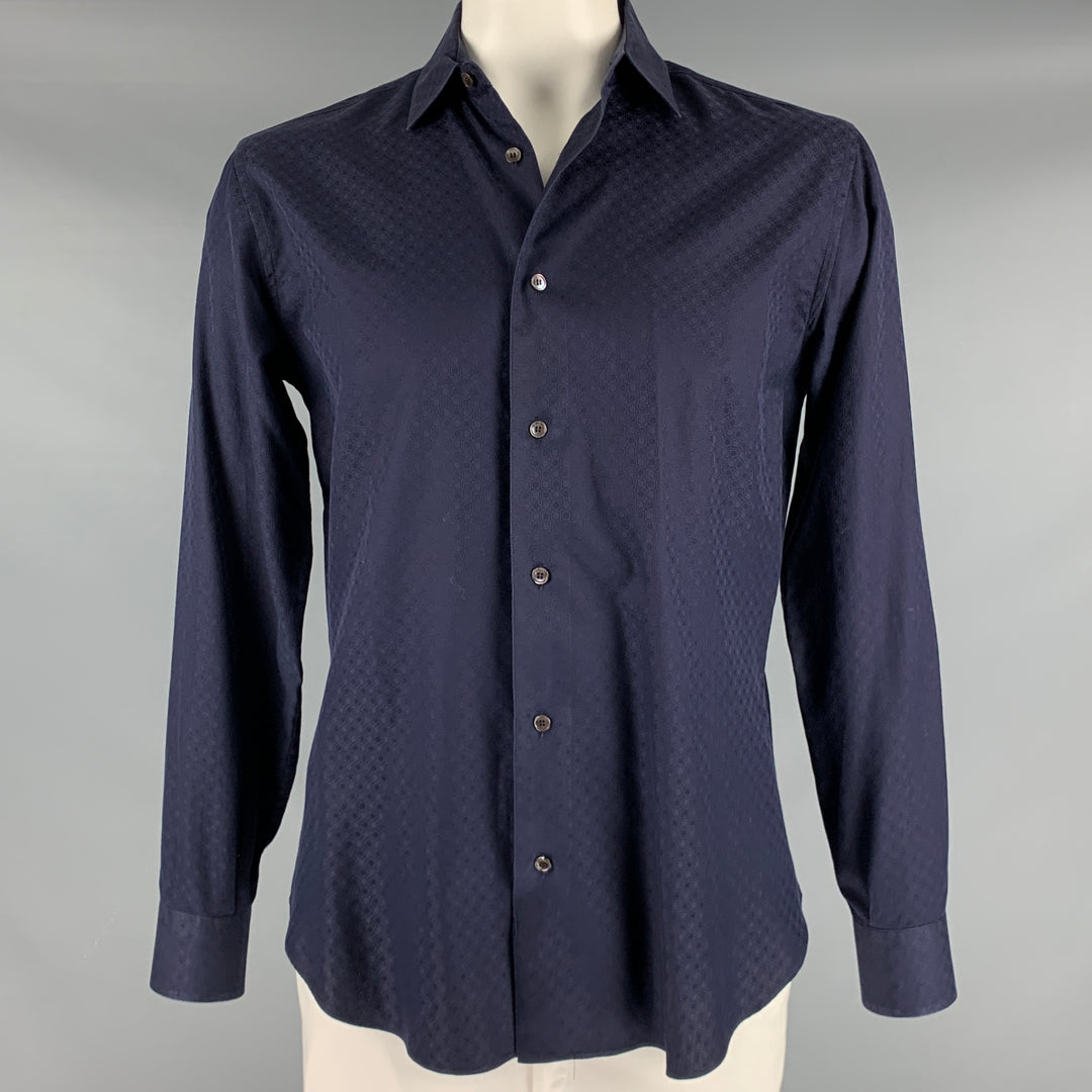 SALVATORE FERRAGAMO Size L Navy Dots Cotton Button Up Long Sleeve Shirt