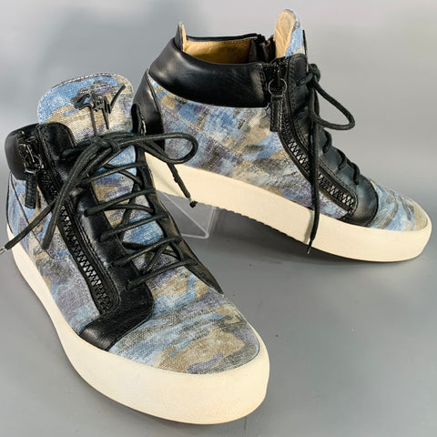 GIUSEPPE ZANOTTI Size 10 Black Blue Camo Canvas High Top Sneakers