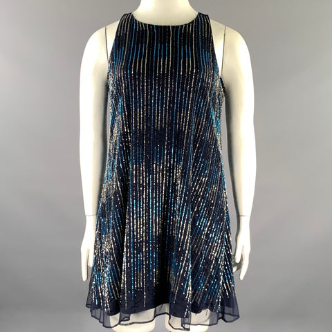BADGLEY MISCHKA Size 10 Navy Blue Nylon Stripe Shift Knee-Length Cocktail Dress