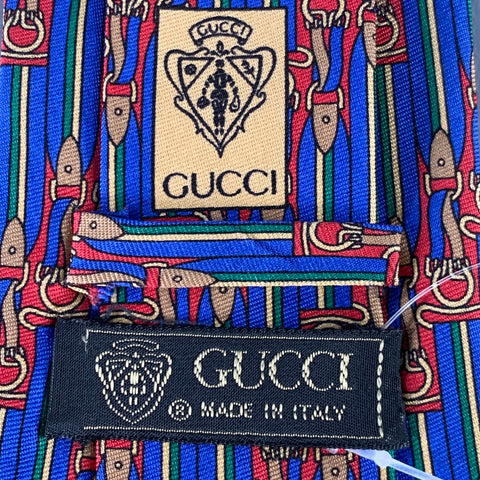 GUCCI Blue Red Equestrian Stripe Silk Tie