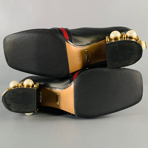 GUCCI Size 7.5 Marmont Black Leather Pearls Chunky Heel Pumps