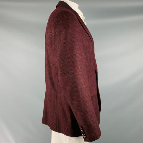 ROBERT GRAHAM Size 44 Burgundy Black Plaid Wool Notch Lapel Sport Coat