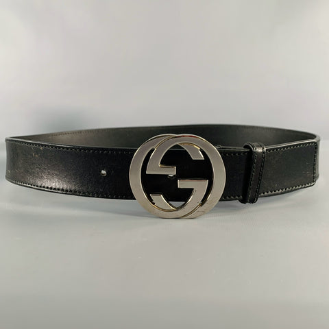 GUCCI Size 36 GG Black Silver Leather Belt