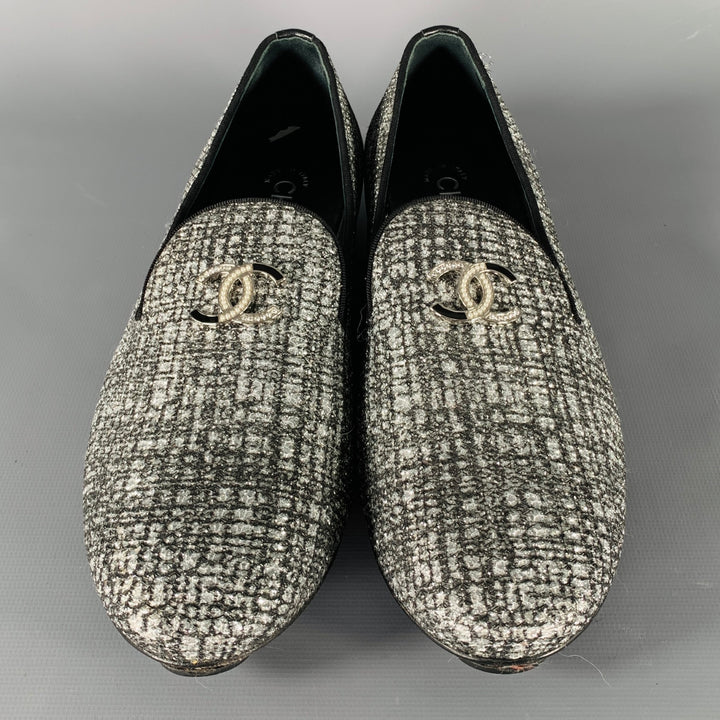 CHANEL Size 8 CC Silver Black Glitter Loafer Flats