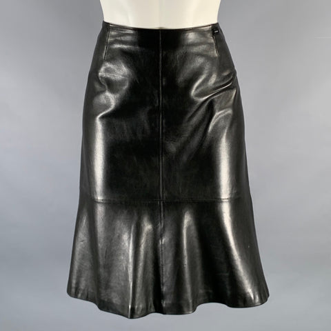 CHANEL Size 6 Black Leather Trumpet Below Knee Skirt