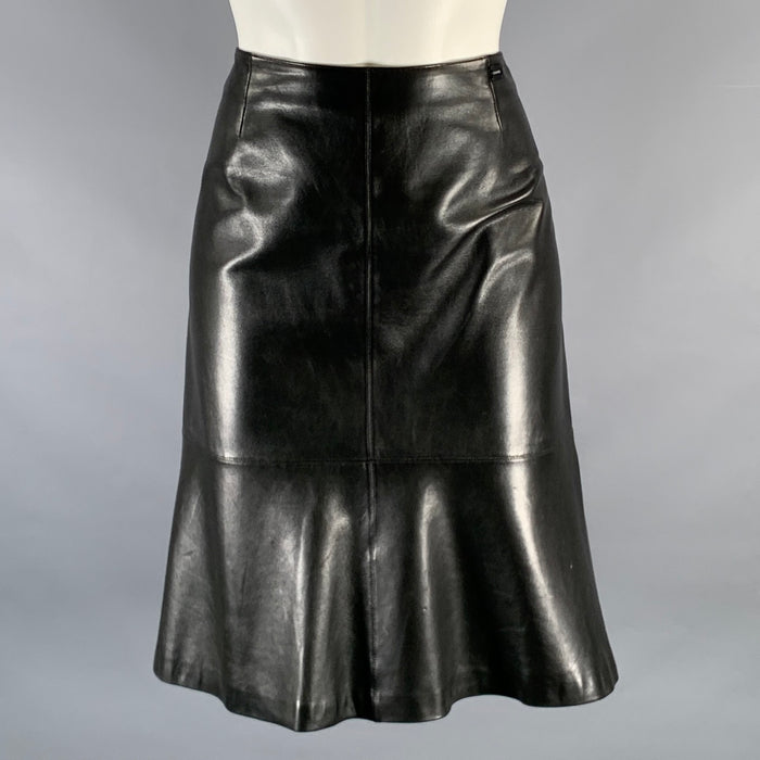 CHANEL Size 6 Black Leather Trumpet Below Knee Skirt