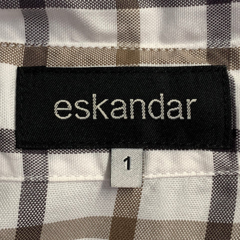 ESKANDAR Size L White Brown Cotton Grid Oversized Hidden Buttons Shirt