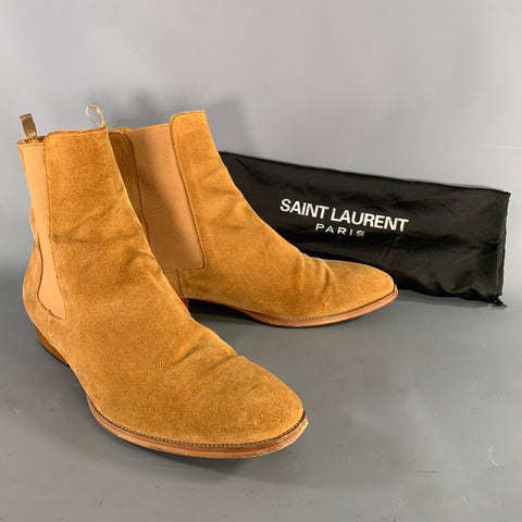 SAINT LAURENT Size 11 Tan Textured Leather Pull On Boots