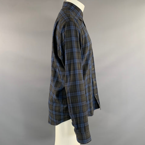 INIS MEAIN Size M Blue Brown Plaid Cotton Button Up Long Sleeve Shirt