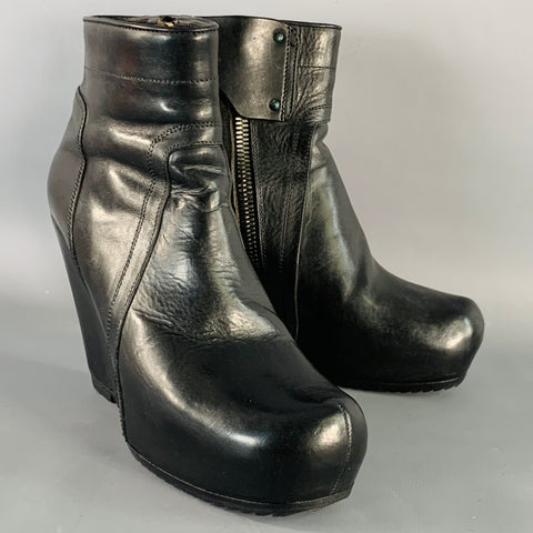 RICK OWENS Size 7.5 Black Leather Hidden Heel Side Zipper Wedge Pumps