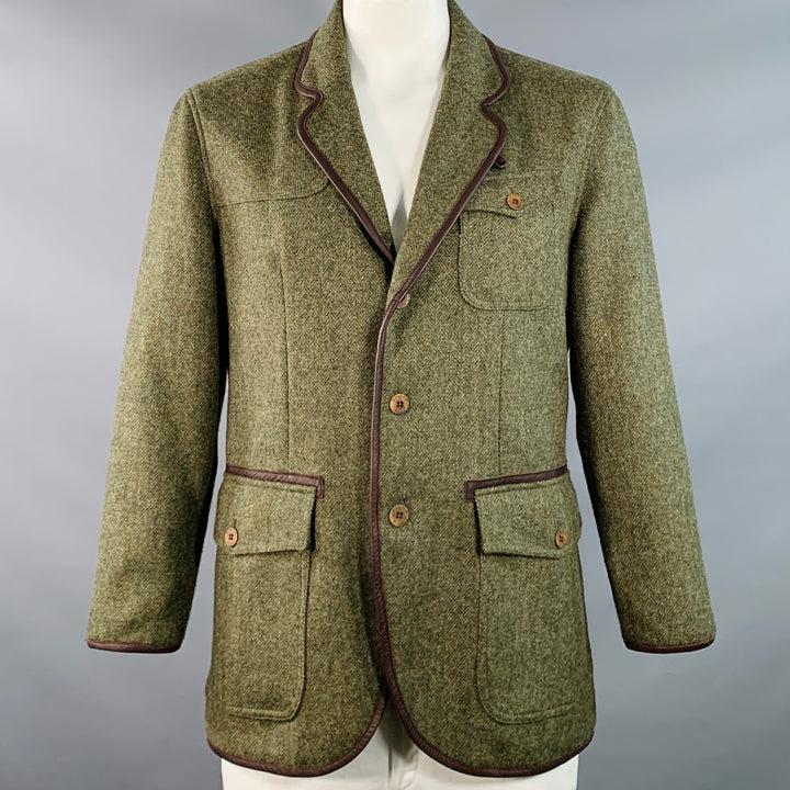 ENGLISH UTOPIA Size L Floyd Green Brown Herringbone Wool Tweed Jacket