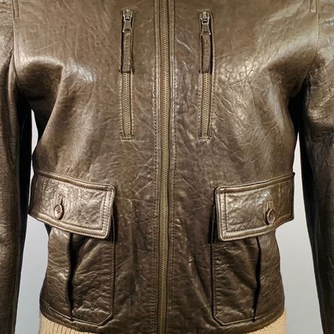 DANIELE ALESSANDRINI Size S Brown Ribbed Leather Bomber Jacket