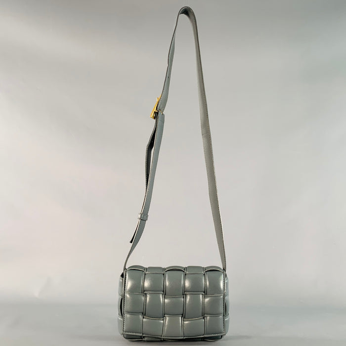 BOTTEGA VENETA Mini Padded Cassette Grey Woven Lambskin Leather Crossbody Handbag