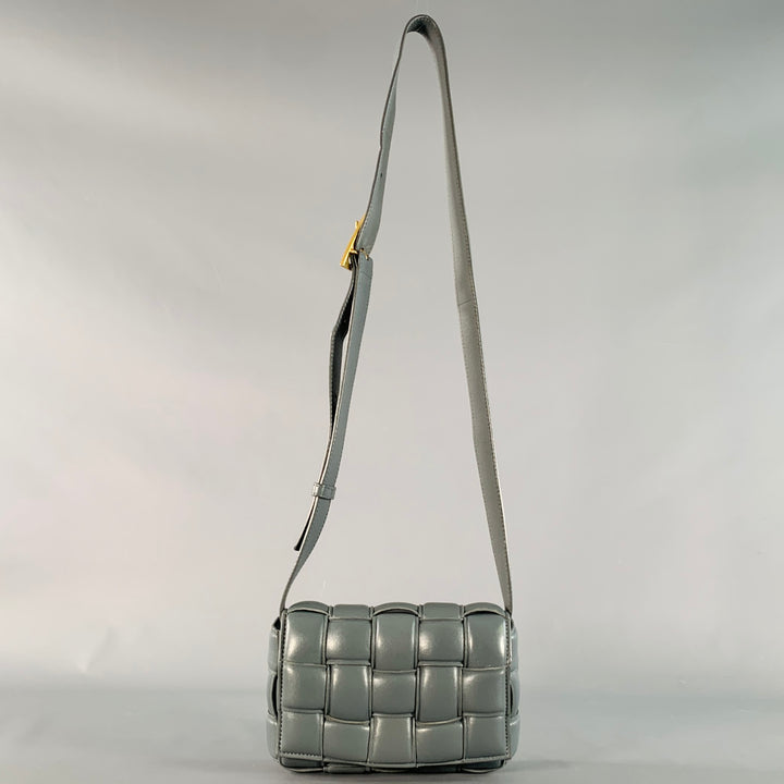 BOTTEGA VENETA Mini Padded Cassette Grey Woven Lambskin Leather Crossbody Handbag
