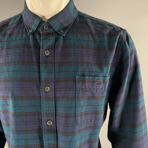TODD SNYDER Size L Blue Green Black Tartan Cotton Long Sleeve Oxford Shirt