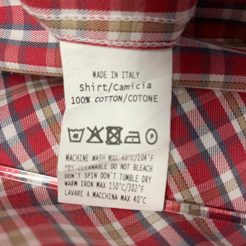ERMENEGILDO ZEGNA Size L Red Brown Plaid Cotton Curved Cutaway Long Sleeve Shirt
