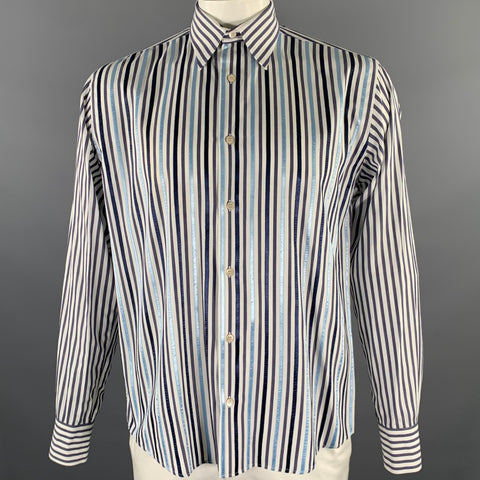 TED BAKER Size L White Blue Navy Stripe Cotton Long Sleeve Shirt