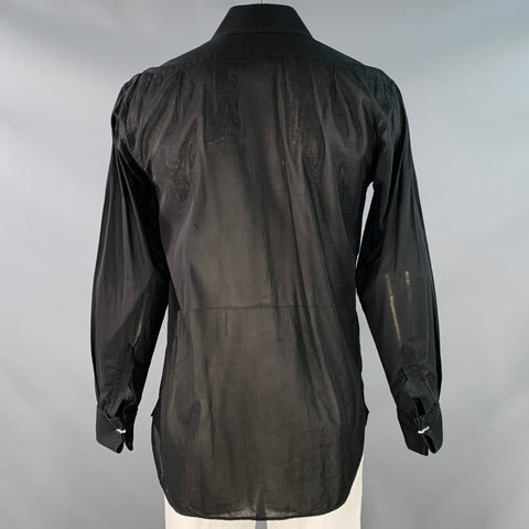 FAVOURBROOK Size L Black Ruffled Cotton French Cuff Hidden Buttons Long Sleeve Shirt