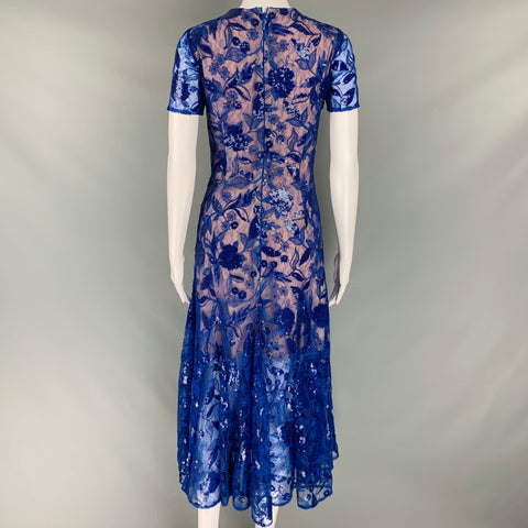 COSTARELLOS Size 4 Blue Nude Polyester Blend Floral Sequined Midi Cocktail Dress
