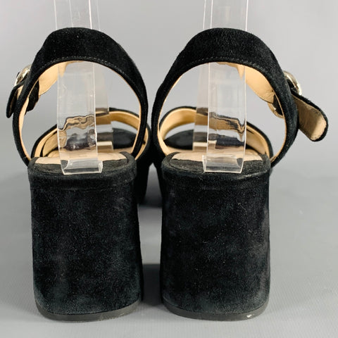 PRADA Size 7 Black Suede Chunky Heel Sandals
