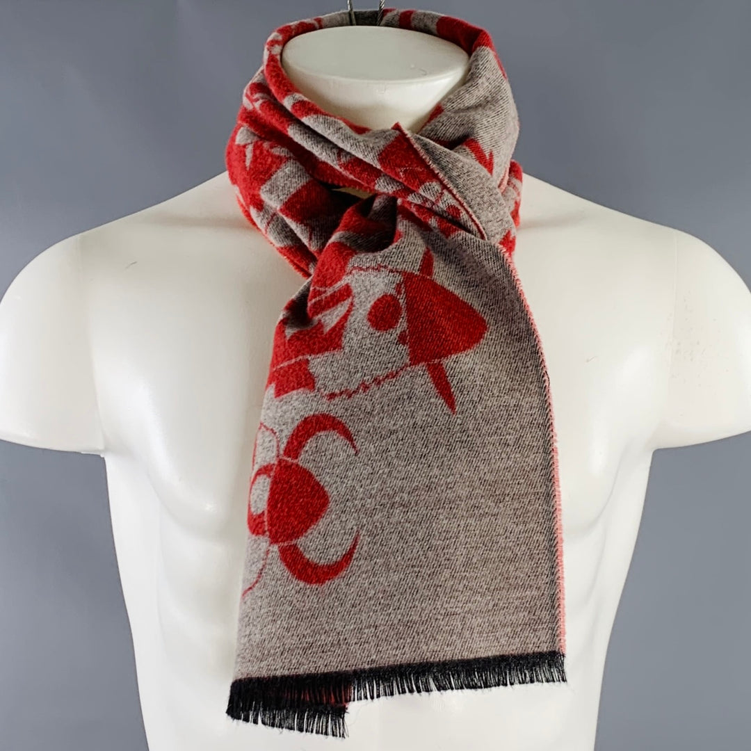 WALTER VAN BEIRENDONCK Red Tan Print Fringe Scarf