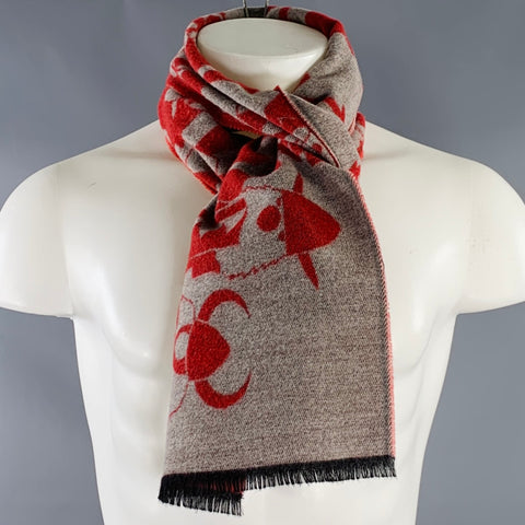 WALTER VAN BEIRENDONCK Red Tan Print Fringe Scarf