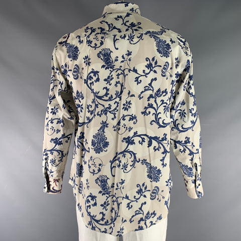 ROBERT GRAHAM Size L Beige Navy Print Cotton Button Up Long Sleeve Shirt