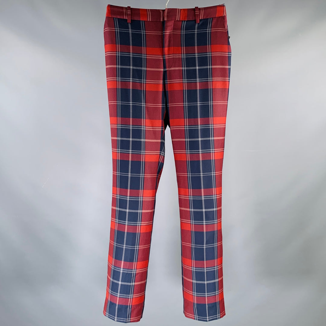 BLACK FLEECE Size 28 Burgundy Navy Plaid Wool Zip Fly Dress Pants Sui Generis Designer Consignment BLACK FLEECE Size 28 Burgundy Navy Plaid Wool Zip Fly Dress Pants Sui Generis Designer Consignment