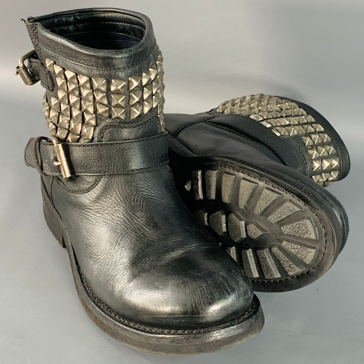 ASH Size 11 Black Leather Studded Pull On Ankle Boots