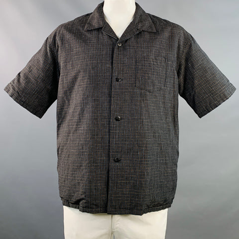 VISVIM Size L Wallis Down Black Brown Blue Window Pane Wool Linen Oversized Short Sleeve Shirt