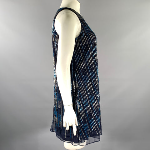 BADGLEY MISCHKA Size 10 Navy Blue Nylon Stripe Shift Knee-Length Cocktail Dress