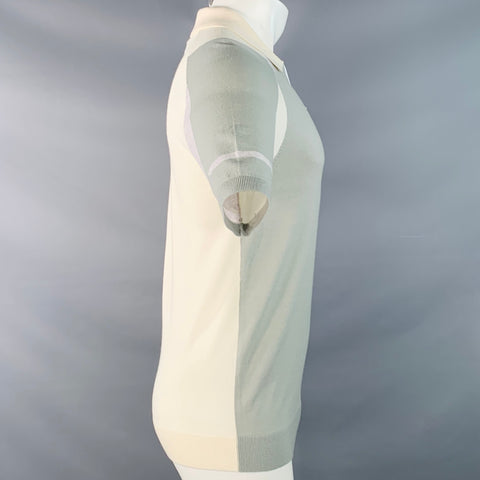 REISS Size S Beckett Cream Sage Color Block Wool Blend Jersey Zip Up Polo