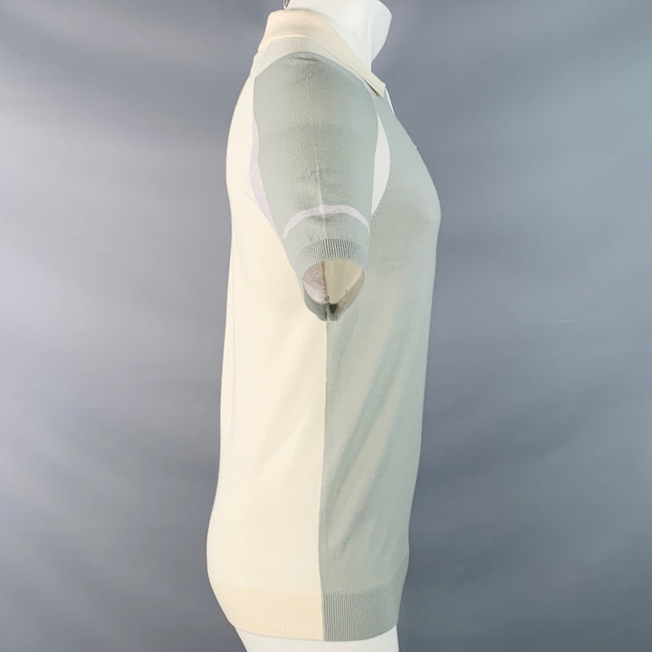 REISS Size S Beckett Cream Sage Color Block Wool Blend Jersey Zip Up Polo