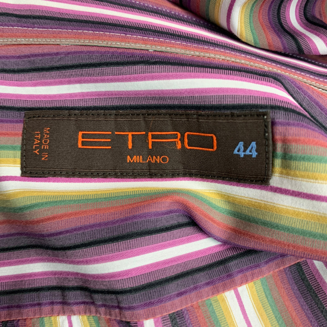 ETRO Taille XL Violet Vert Rayé Coton Boutonné Chemise à Manches Longues