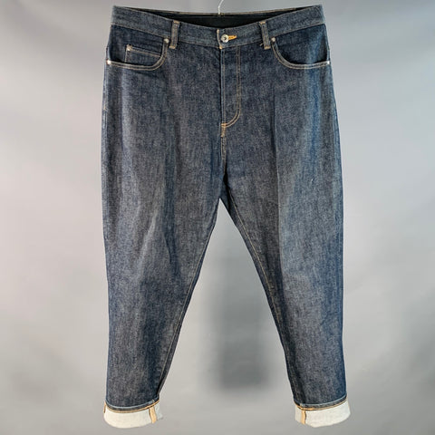 YOSHIO KUBO Size 34 Blue Cotton Blend Twill Contrast Stitch Painted Cuff Cropped Jeans